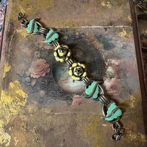 VINTAGE Handcrafted Yellow and Mint Green Floral Panel Bracelet!!!